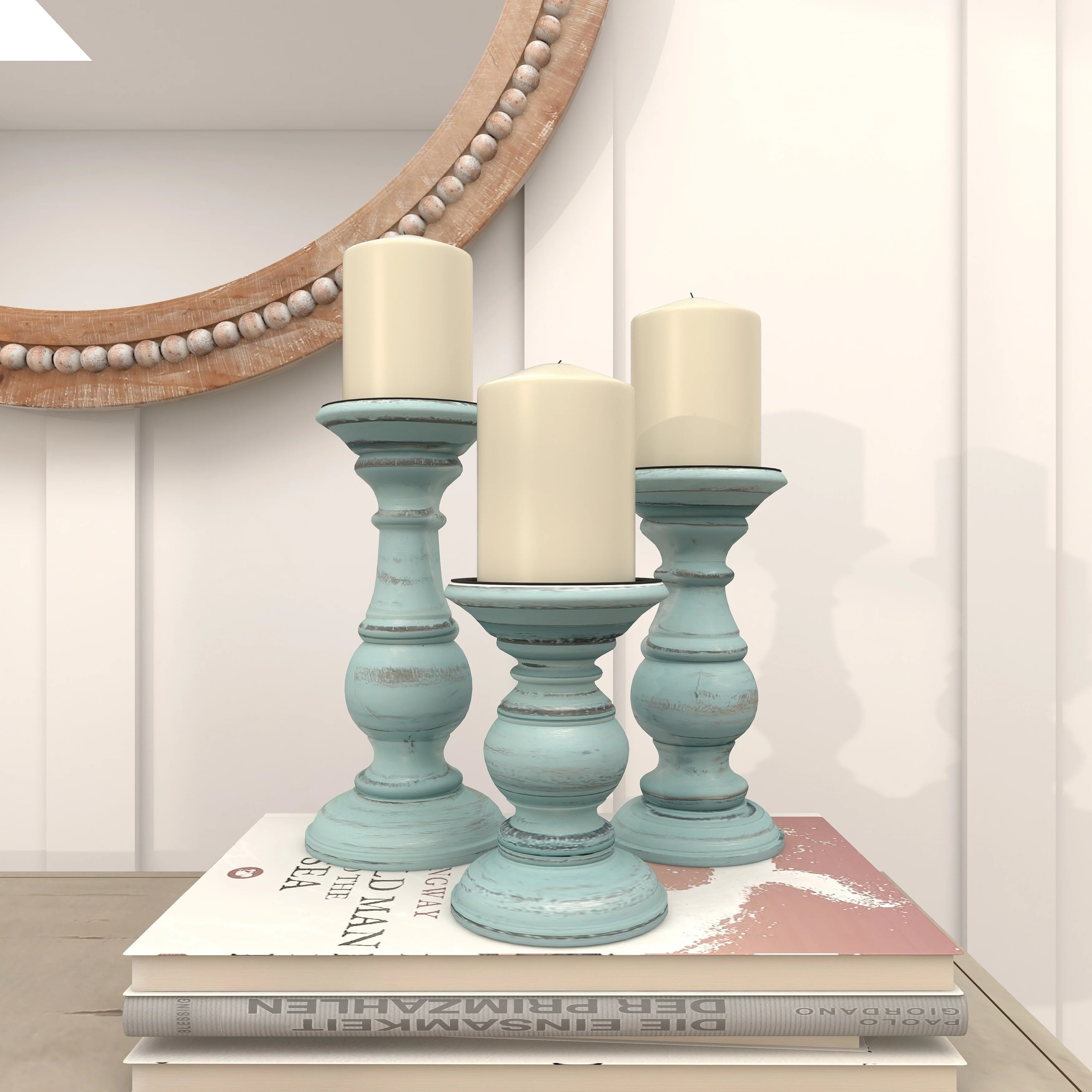 Mango Wood Turned Style Pillar Candle Holder (Set of 3) - White, Brown, Gold, Black, Light Blue, Cream, Silver