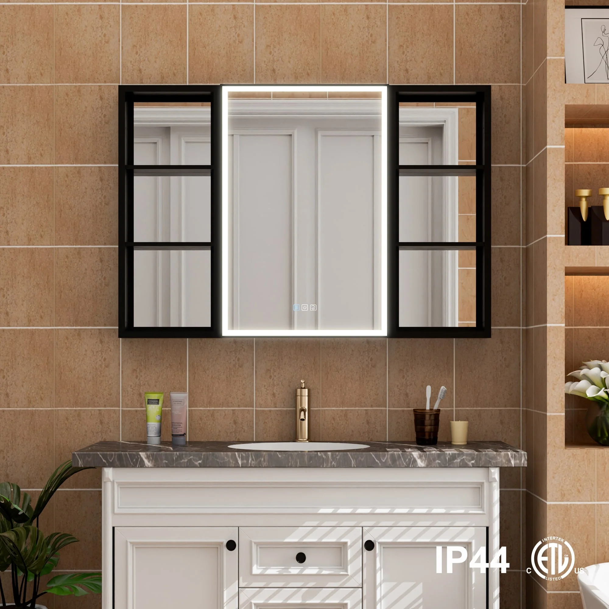 30 in. H Recessed or Surface Wall Mounted LED Mirror Cabinet With Black Side Cabinet