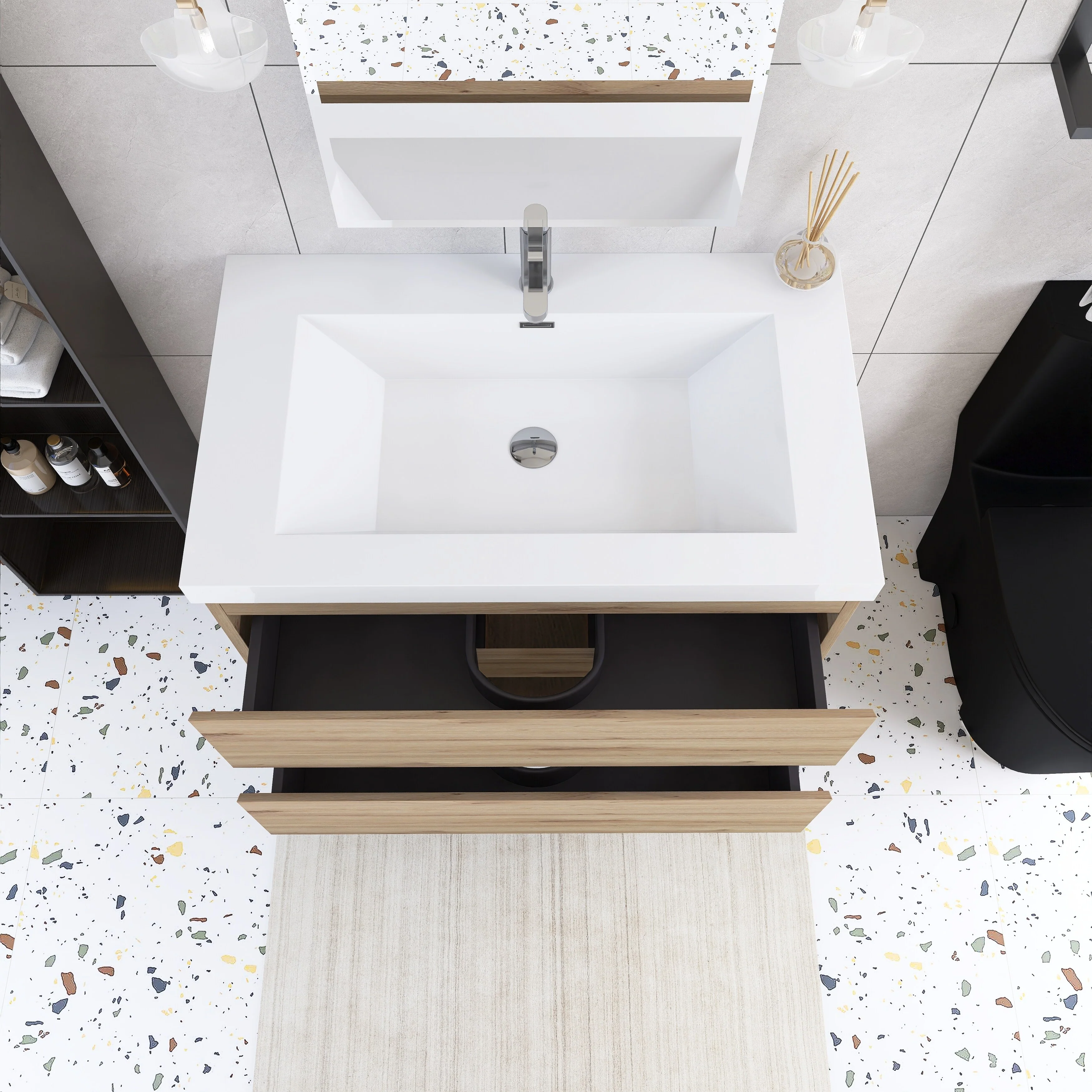 Angela Wall Mounted Bathroom Vanity in F. Oak with White Cultured Marble Top