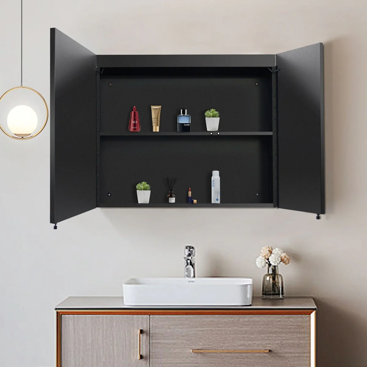 30x26 inch Black LED Mirror Medicine Cabinet Surface, Defogger, Anti-Fog,Dimmable Lights Brightness Memory