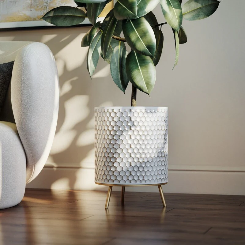 Honeycomb Mid-Century Modern Indoor Metal Pot Planter with 3-Leg Metal Base