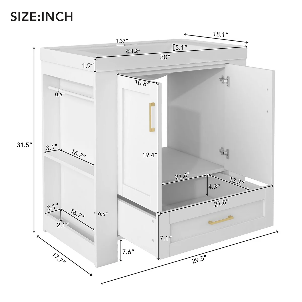 30 in. W x 18.1 in. D x 31.5 in. H Bath Vanity with White Resin Sink and Double-sided Storage Shelf