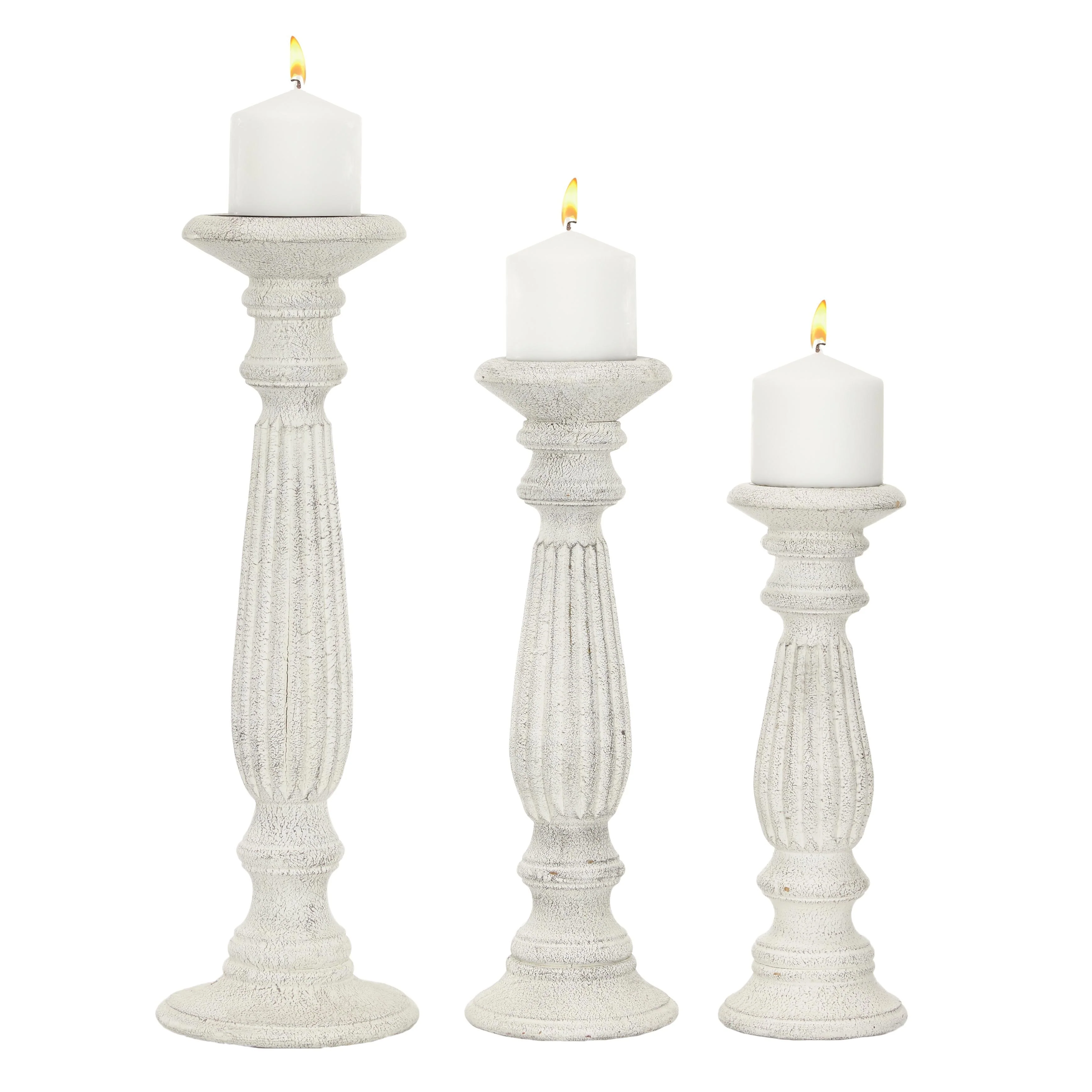 Traditional Mango Distressed Turned Pillar Wood Candle Holder (Set of 3) - Dark Brown, Beige, White