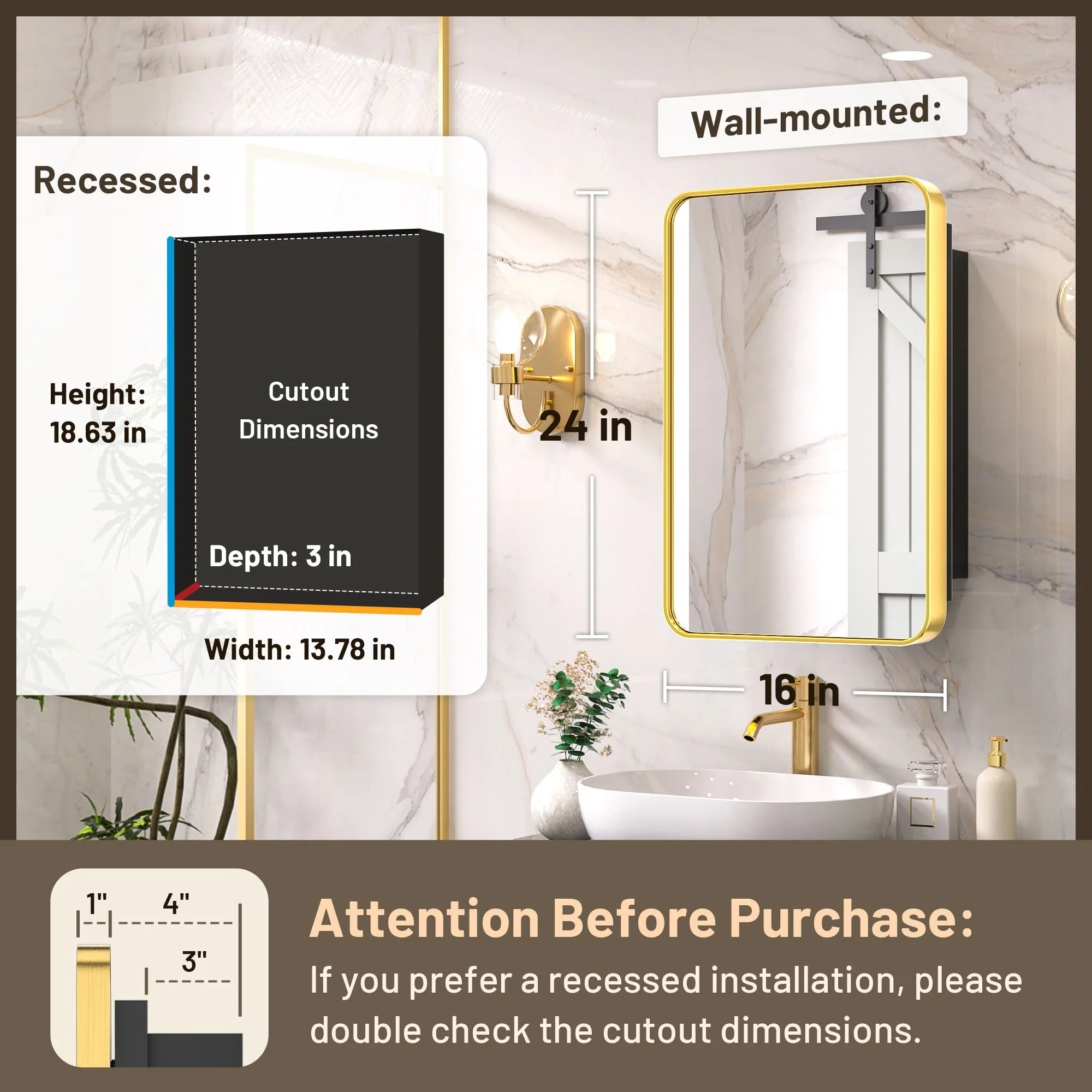 KEONJINN Medicine Cabinets for Bathroom with Mirror, Stainless Steel 1-3 Framed Doors