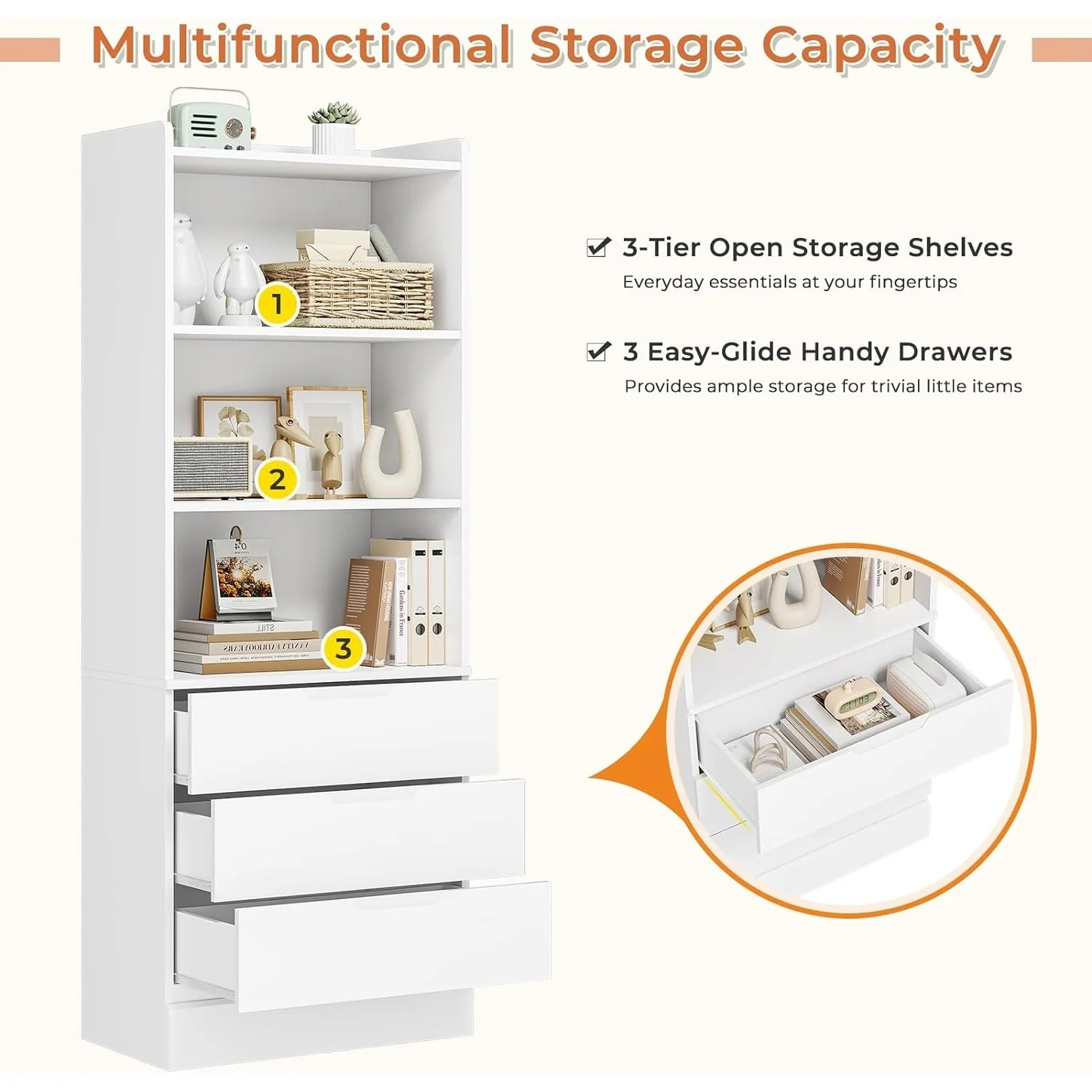 Kitchen Storage Cabinet Bookcase 3 Drawers Open Shelves - N/A