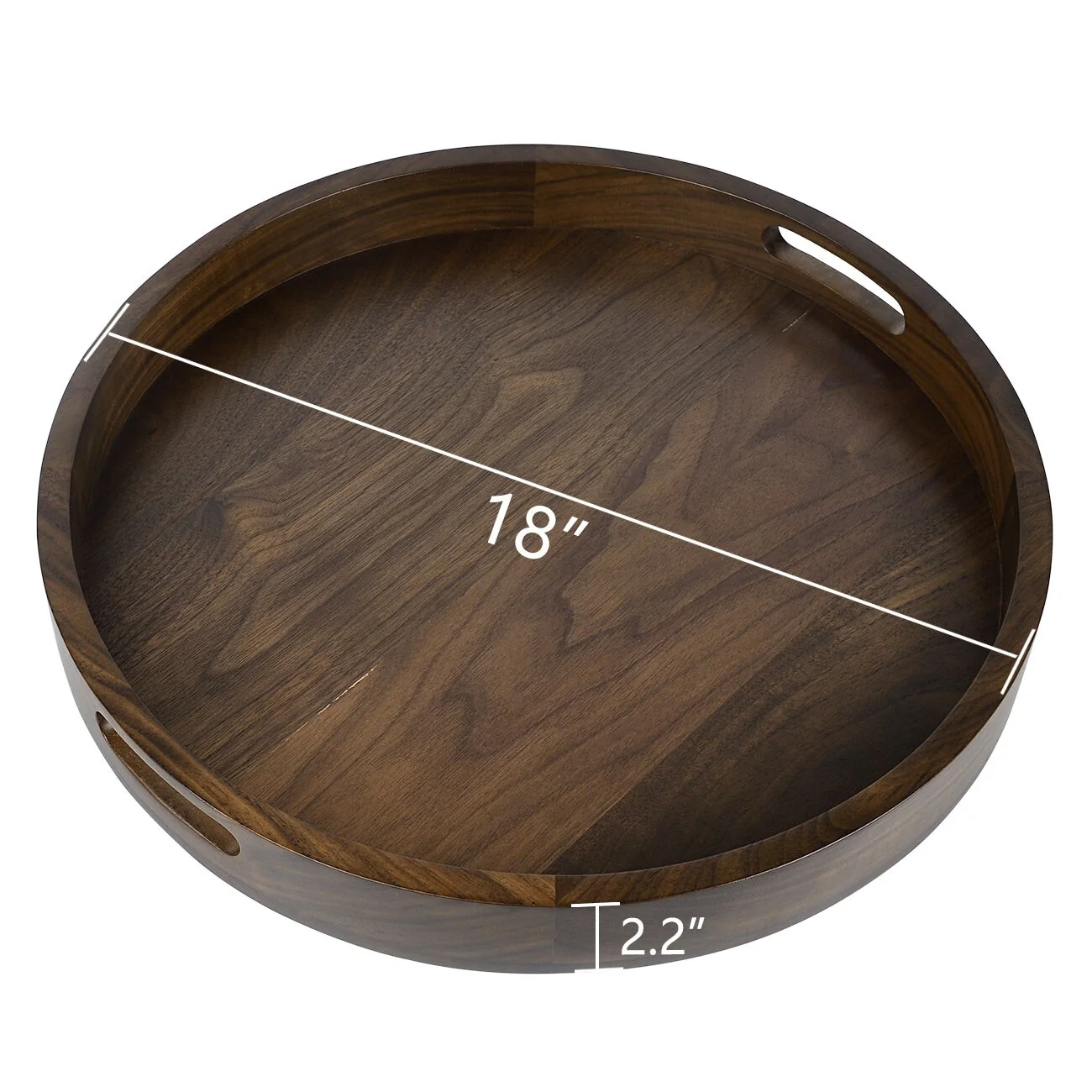 KINWELL Round Black Walnut Wood Serving Tray Ottoman Tray with Handles