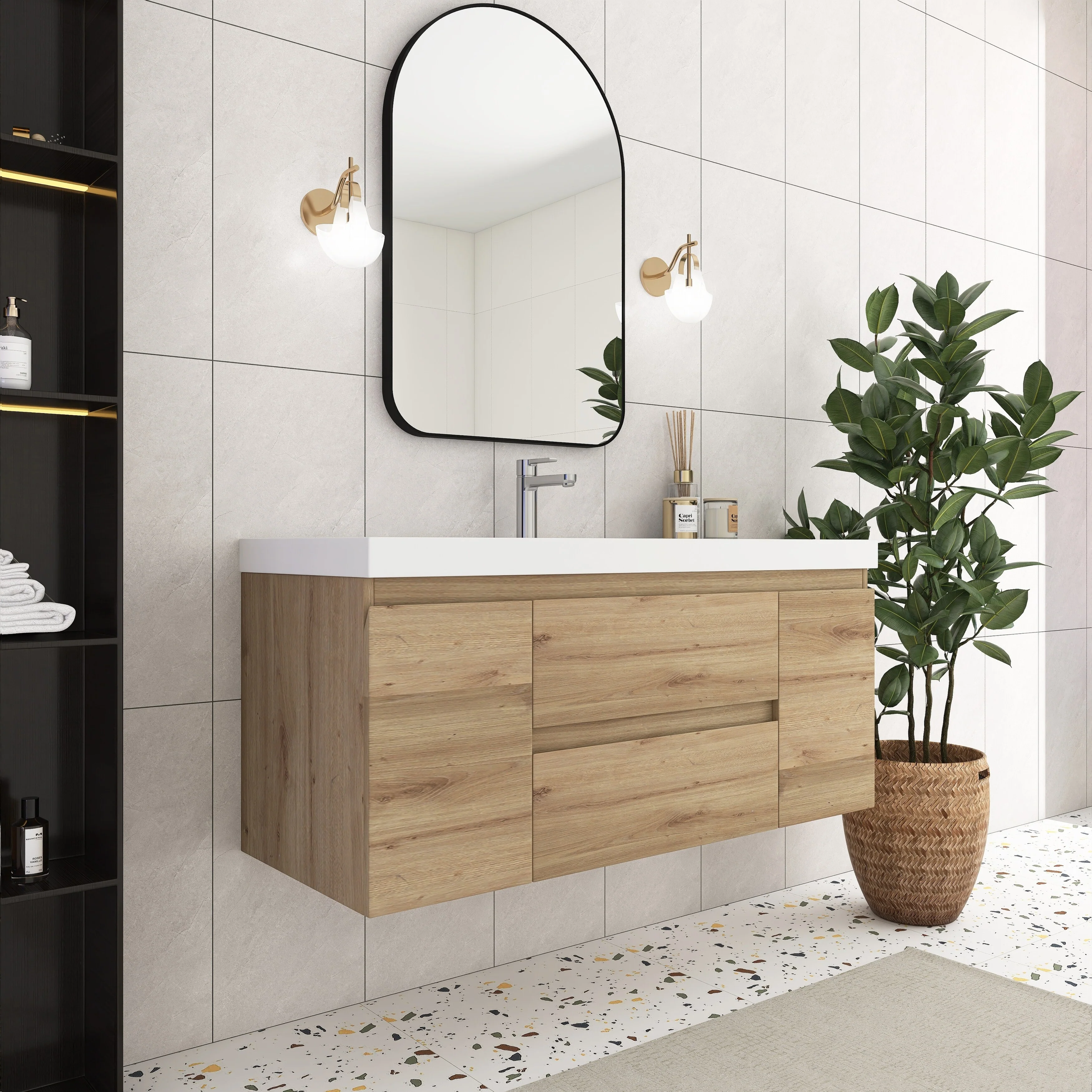 Angela Wall Mounted Bathroom Vanity in F. Oak with White Cultured Marble Top