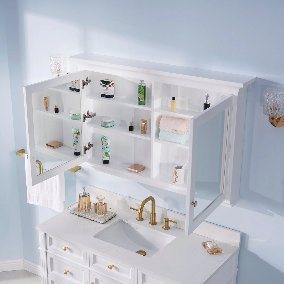 30''H Surface Mount Solid Wood Framed Medicine Cabinet With Mirror And Wooden Shelves