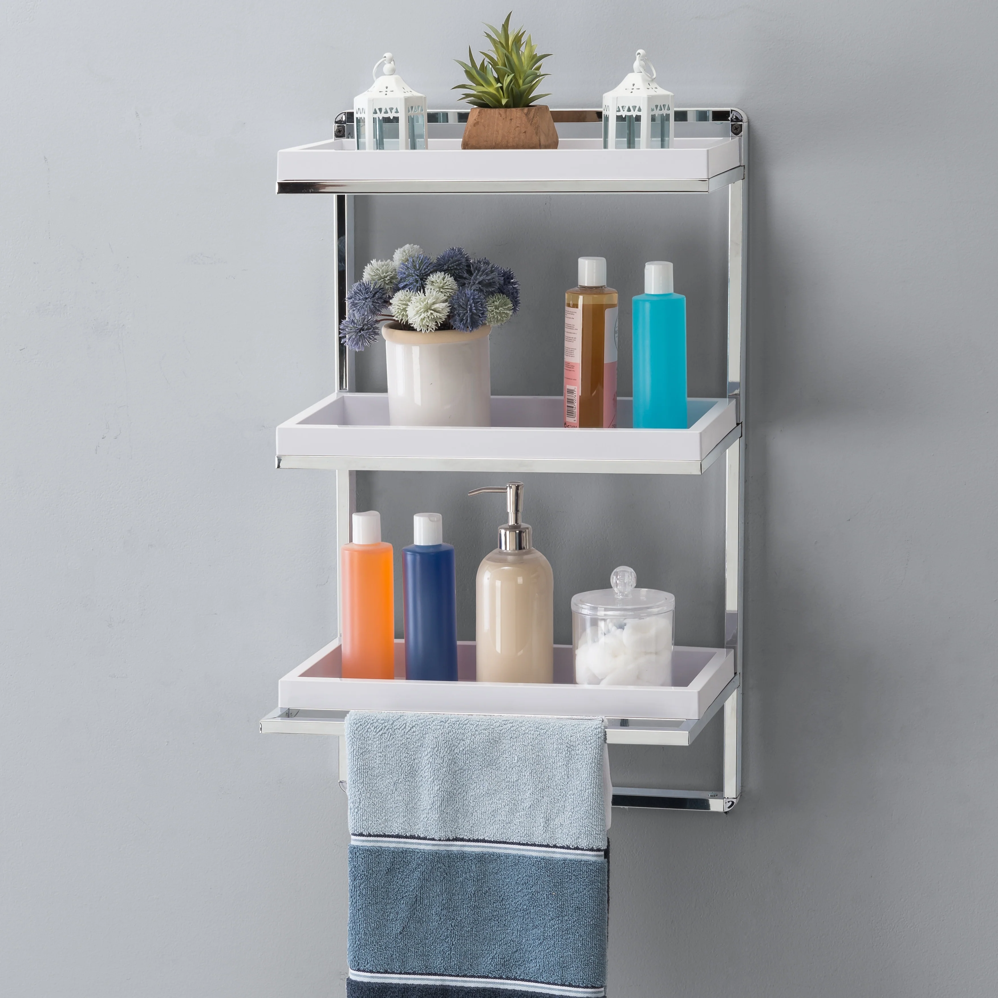 Wall Mount 3-Tier White and Chrome Bathroom Shelf with Towel Bar