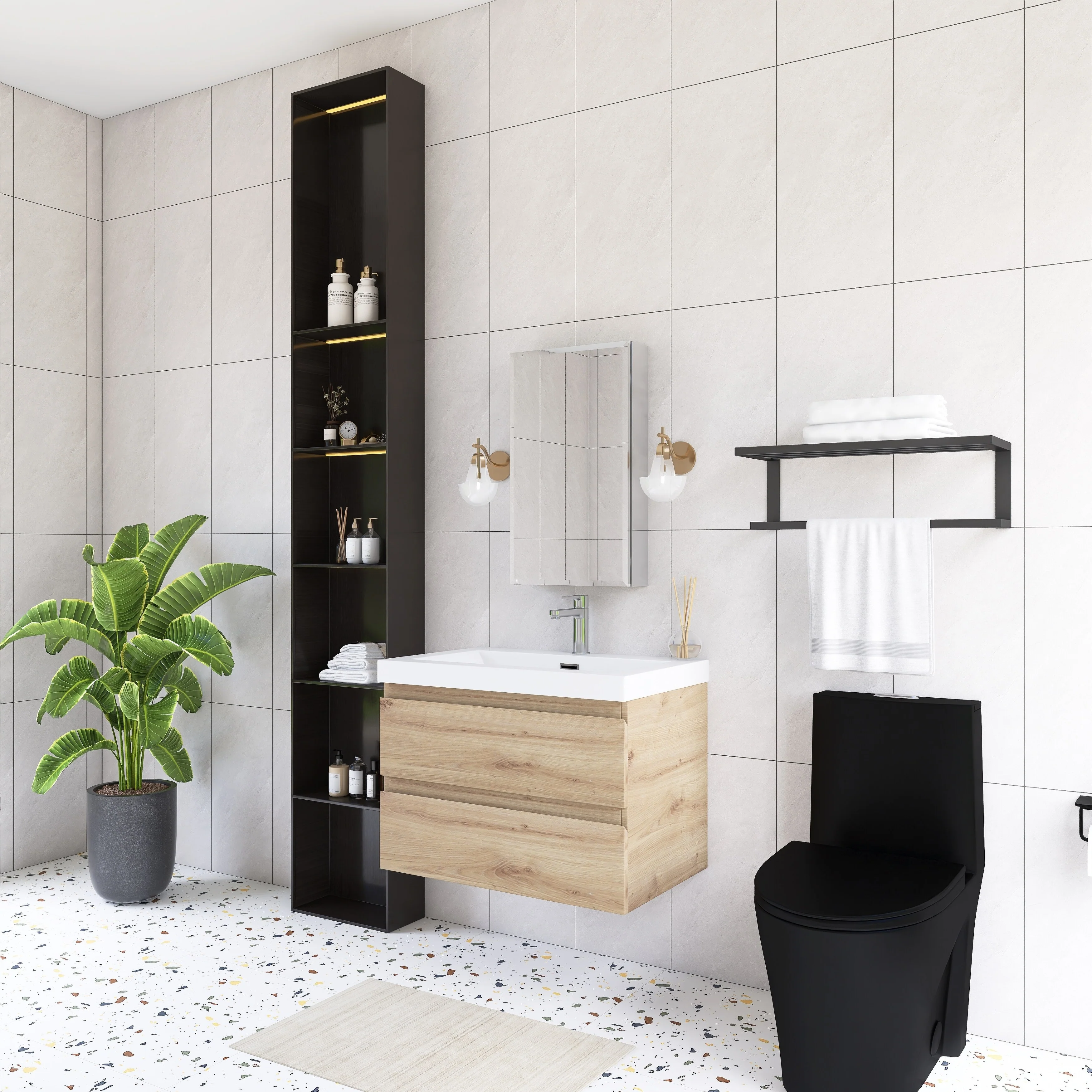Angela Wall Mounted Bathroom Vanity in F. Oak with White Cultured Marble Top