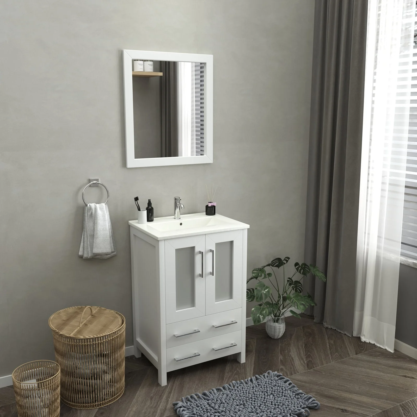 Vanity Art 24-Inch Single Sink Bathroom Vanity Set 2 Drawers, 1 Cabinet, 1 Shelf, Soft-Closing Doors with Free Mirror
