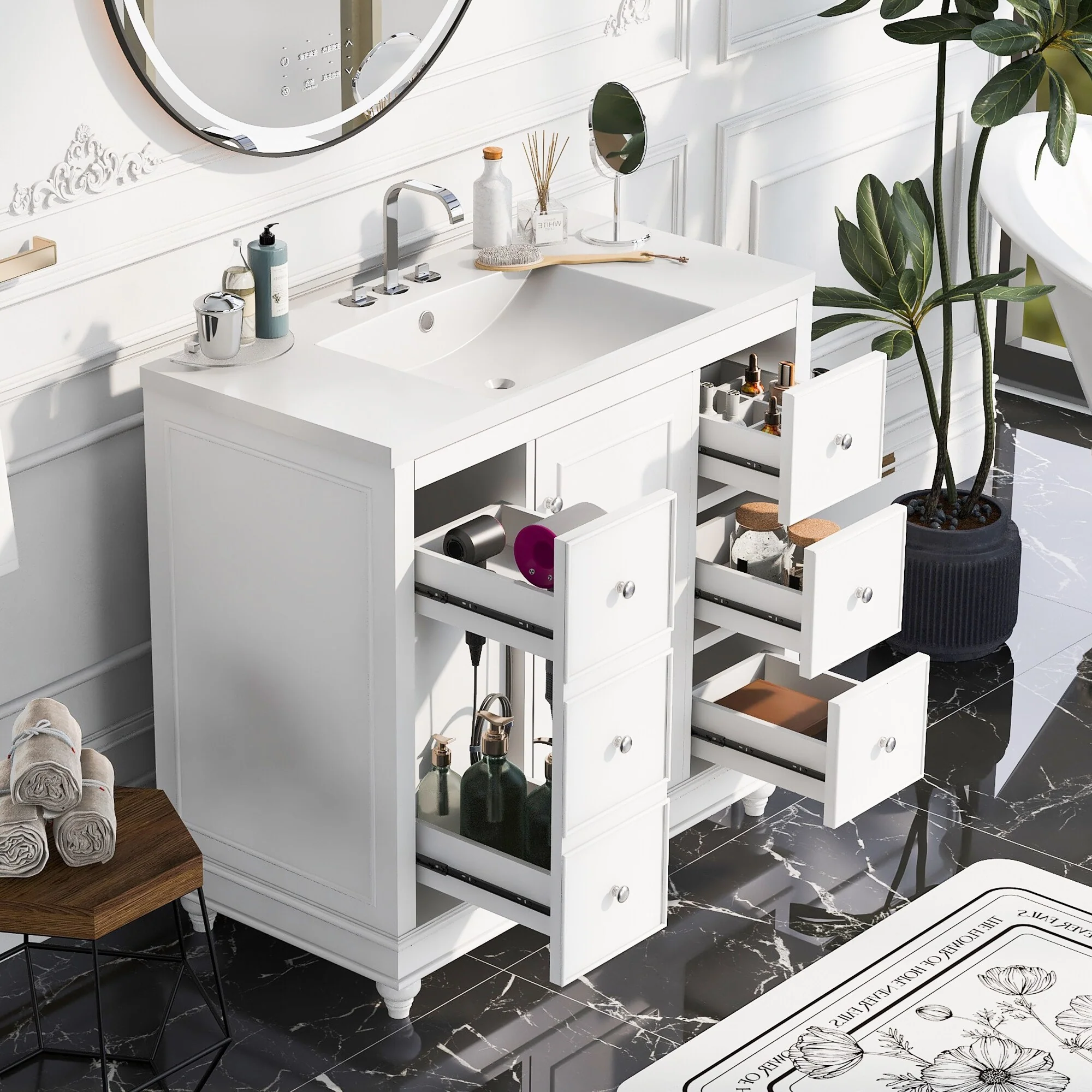 Bathroom Vanity with Sink, Bathroom Vanity Cabinet with 4 Drawers and 1 Door, Storage Cabinet with Adjustable Shelves