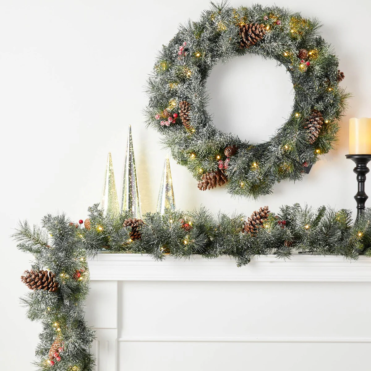 Glitzhome Glittered Pine Cone Christmas Wreath or Garland with LED Light and Timer