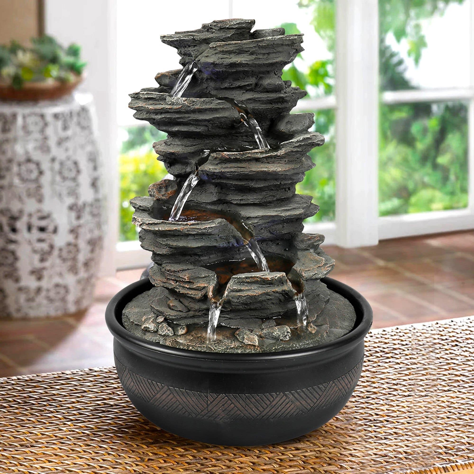 5 Tier Indoor Tabletop Water Fountain Resin Rockery with Base