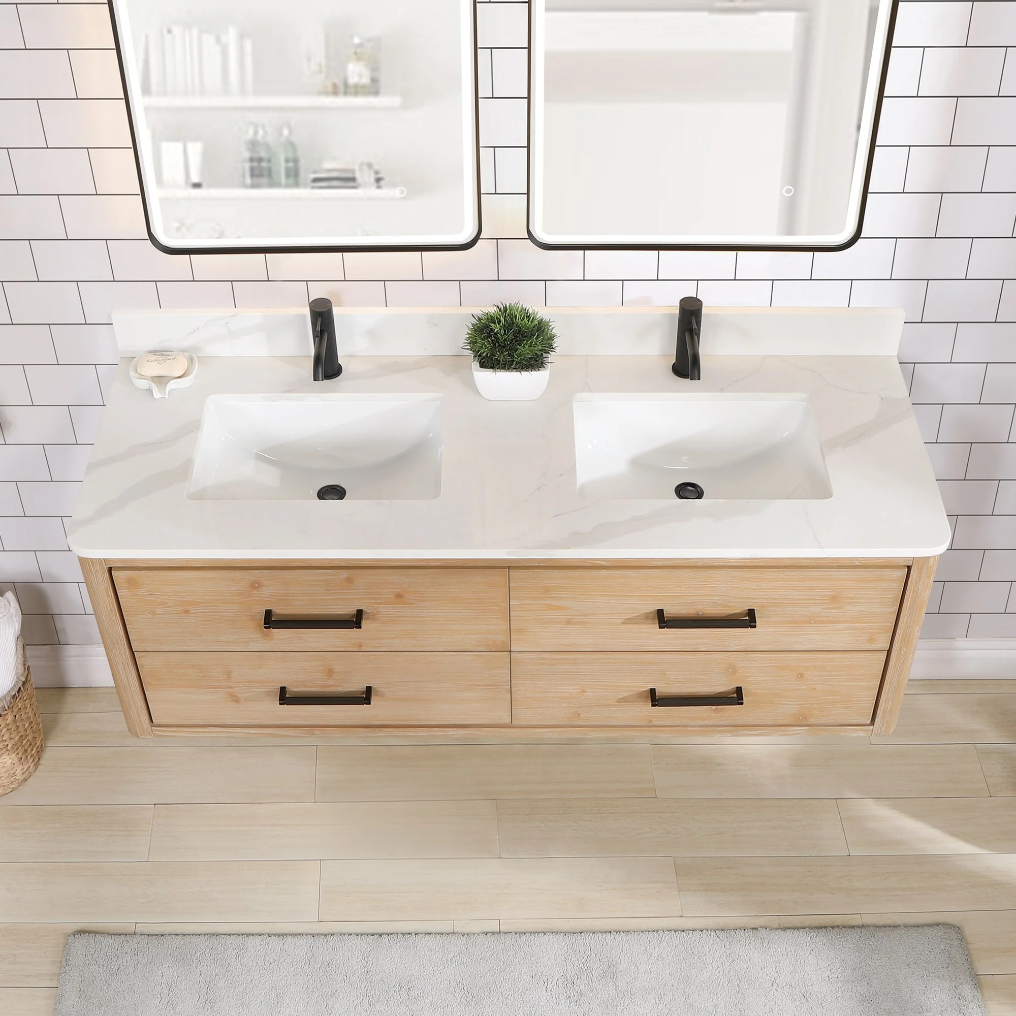 Cristo Floating Bath Vanity with White Quartz Stone Top and Mirror