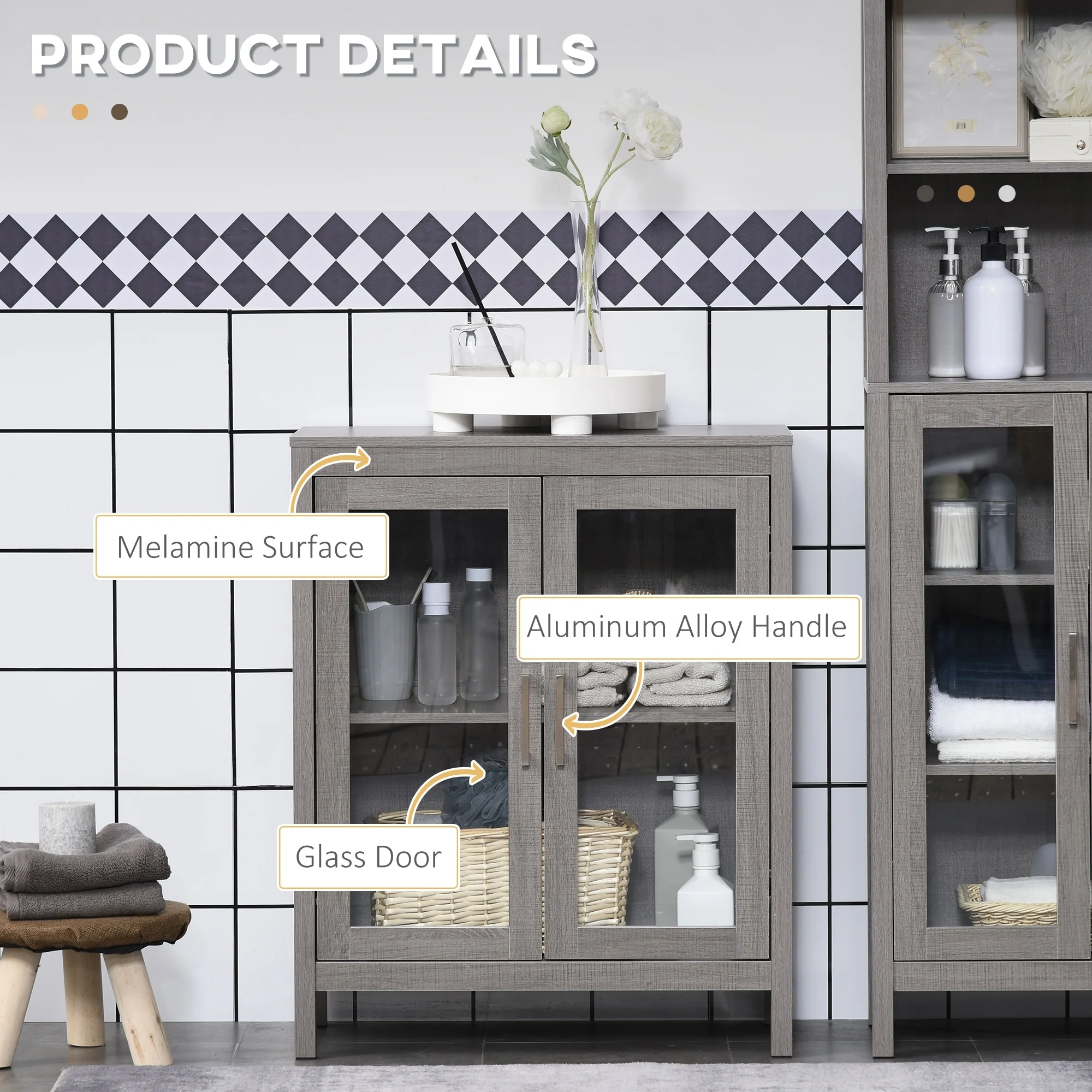 kleankin Modern Bathroom Cabinet, Bathroom Storage Organizer with Double Glass Doors and Adjustable Shelf