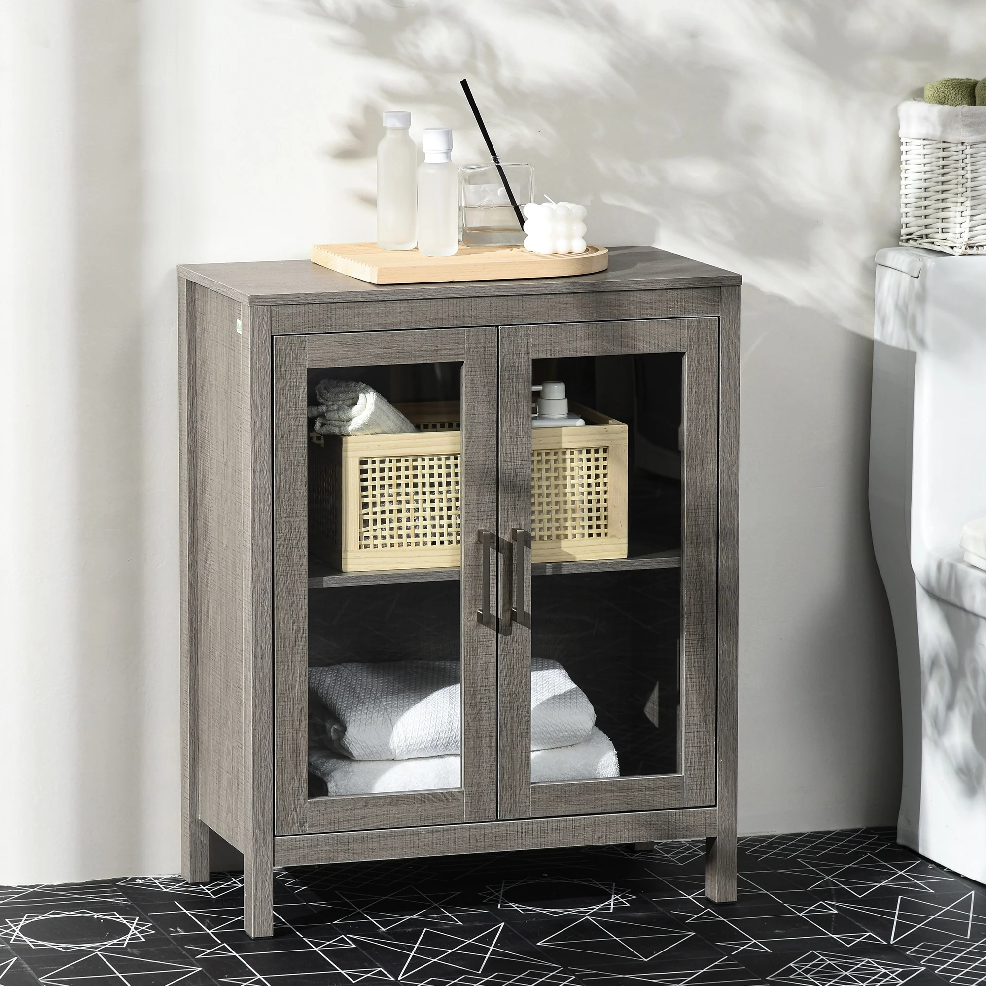 kleankin Modern Bathroom Cabinet, Bathroom Storage Organizer with Double Glass Doors and Adjustable Shelf