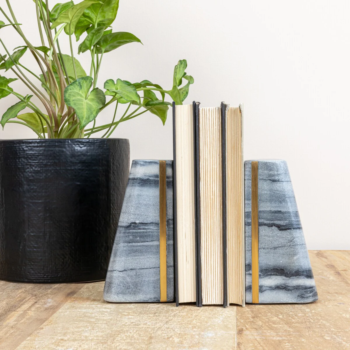 Geometric Marble Bookends with Brass Inlay