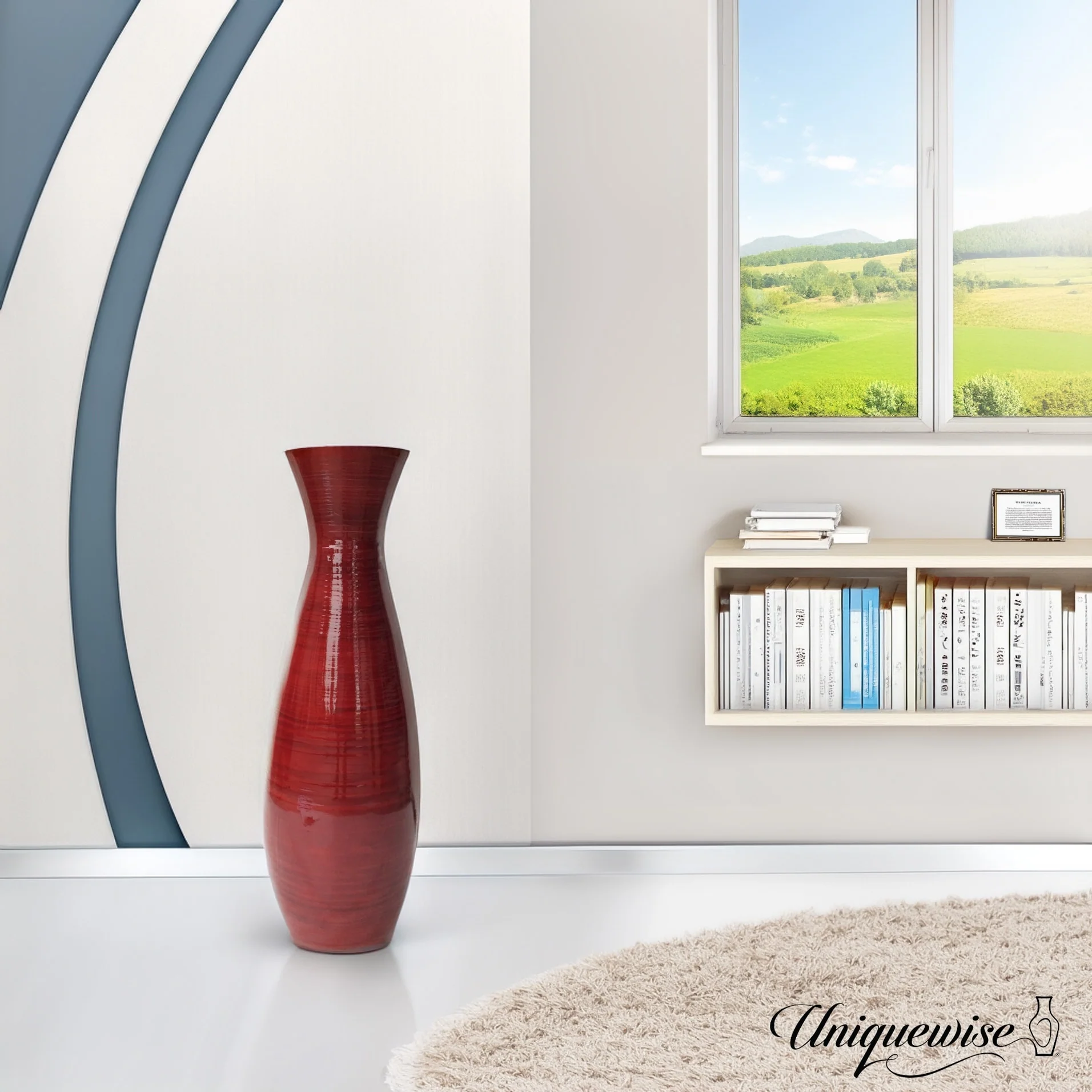 Decorative 24-inch Tall Red Bamboo Floor Vase for Modern Home, Office, Living Room, Bedroom, and Entryway Interior Decor