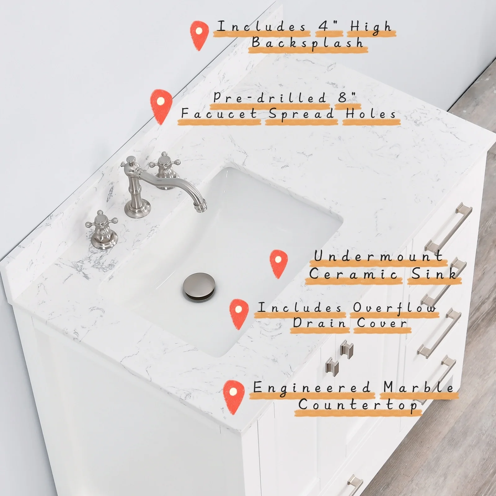 Prismatica 36 in. White Vanity with Countertop & Splash, Left Sink