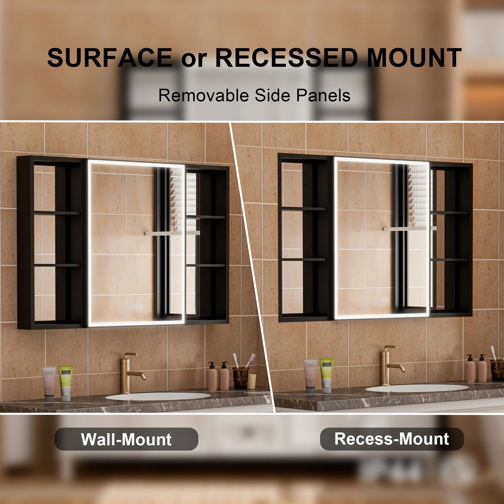 30 in. H Recessed or Surface Wall Mounted LED Mirror Cabinet With Black Side Cabinet