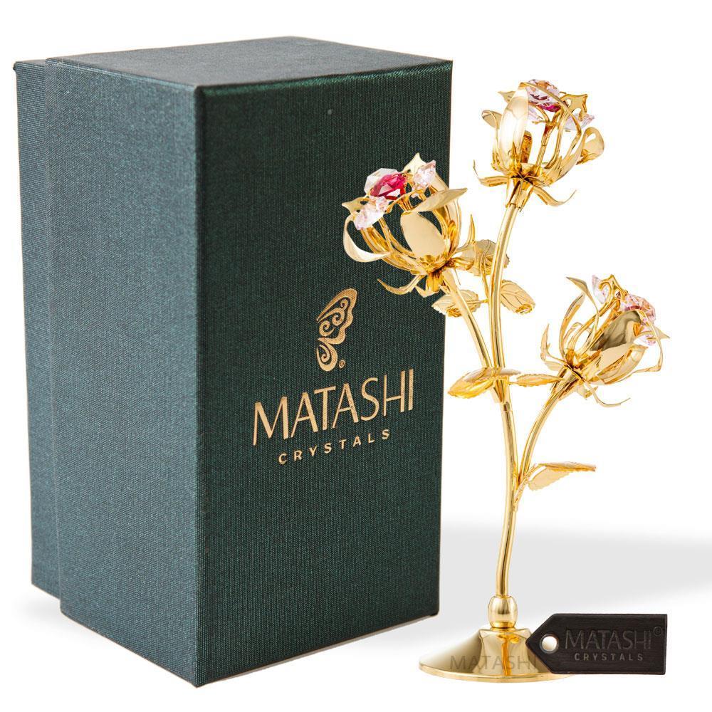Matashi Rose Flower Tabletop Ornament w/ Red & Pink Matashi Crystals--3 color options (Gold, Rose Gold, Silver)
