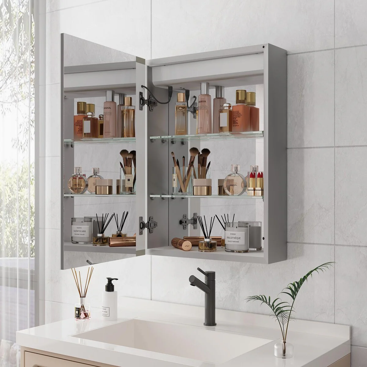 Bathroom Medicine Cabinet with Mirror Wall Mounted LED Bathroom Mirror Cabinet with Lights, Anti-Fog,Storage Shelves