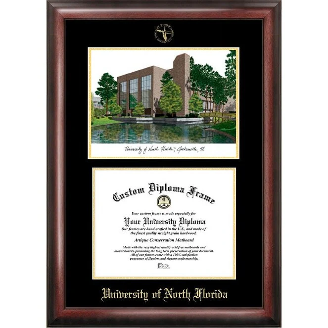 University of North Florida 11w x 8.5h Gold Embossed Diploma Frame with Campus Images Lithograph