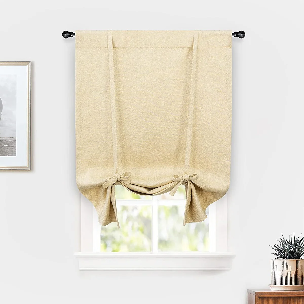 DriftAway Faux Linen Textured Solid Color Blackout Tie Up Curtain for Kitchen Adjustable Balloon Rod Pocket Window Curtains