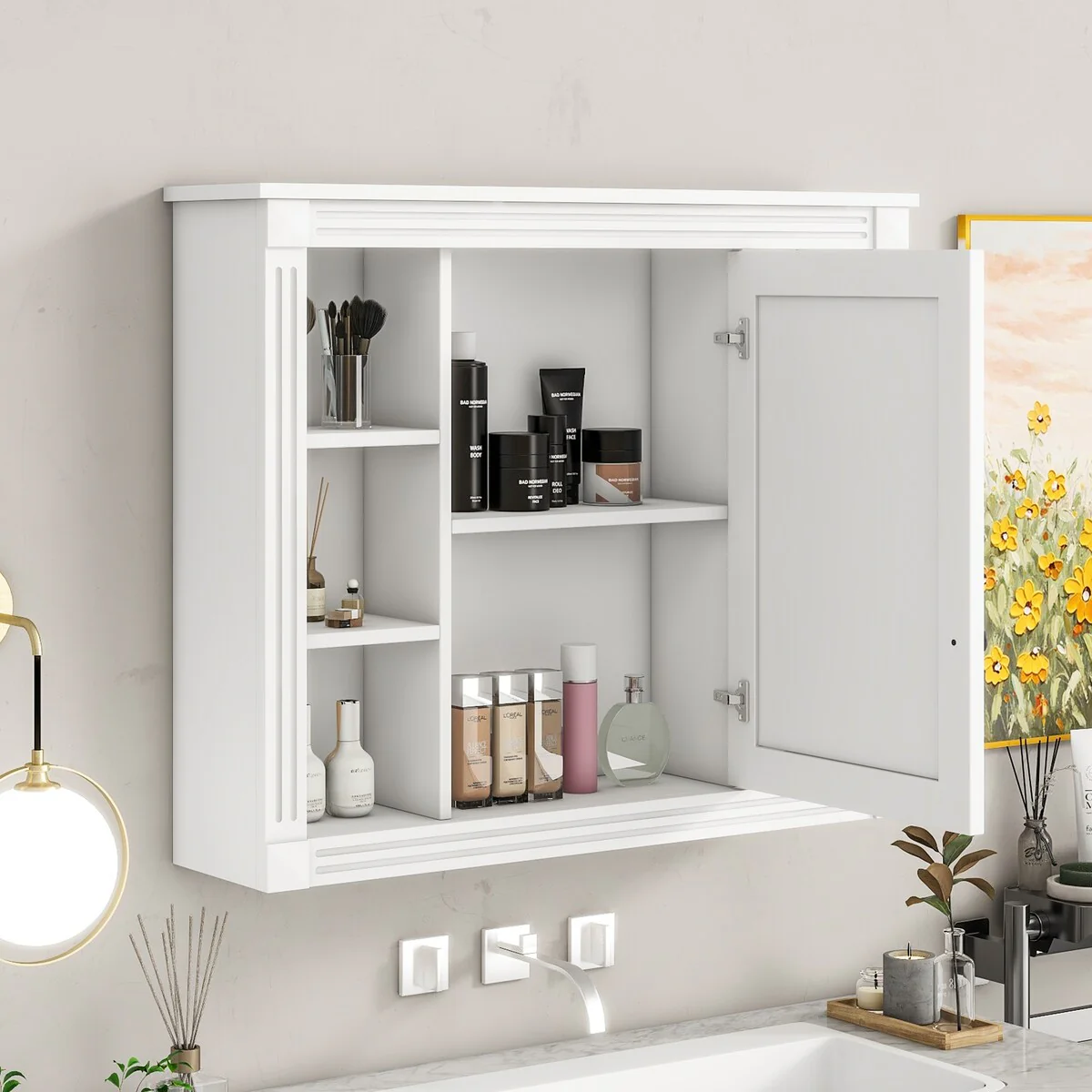 Wall Mounted Bathroom Storage Cabinet,Wall Cabinet with Mirror,Mirror Cabinet with 6 Open Shelves(Not Include Bathroom Vanity )