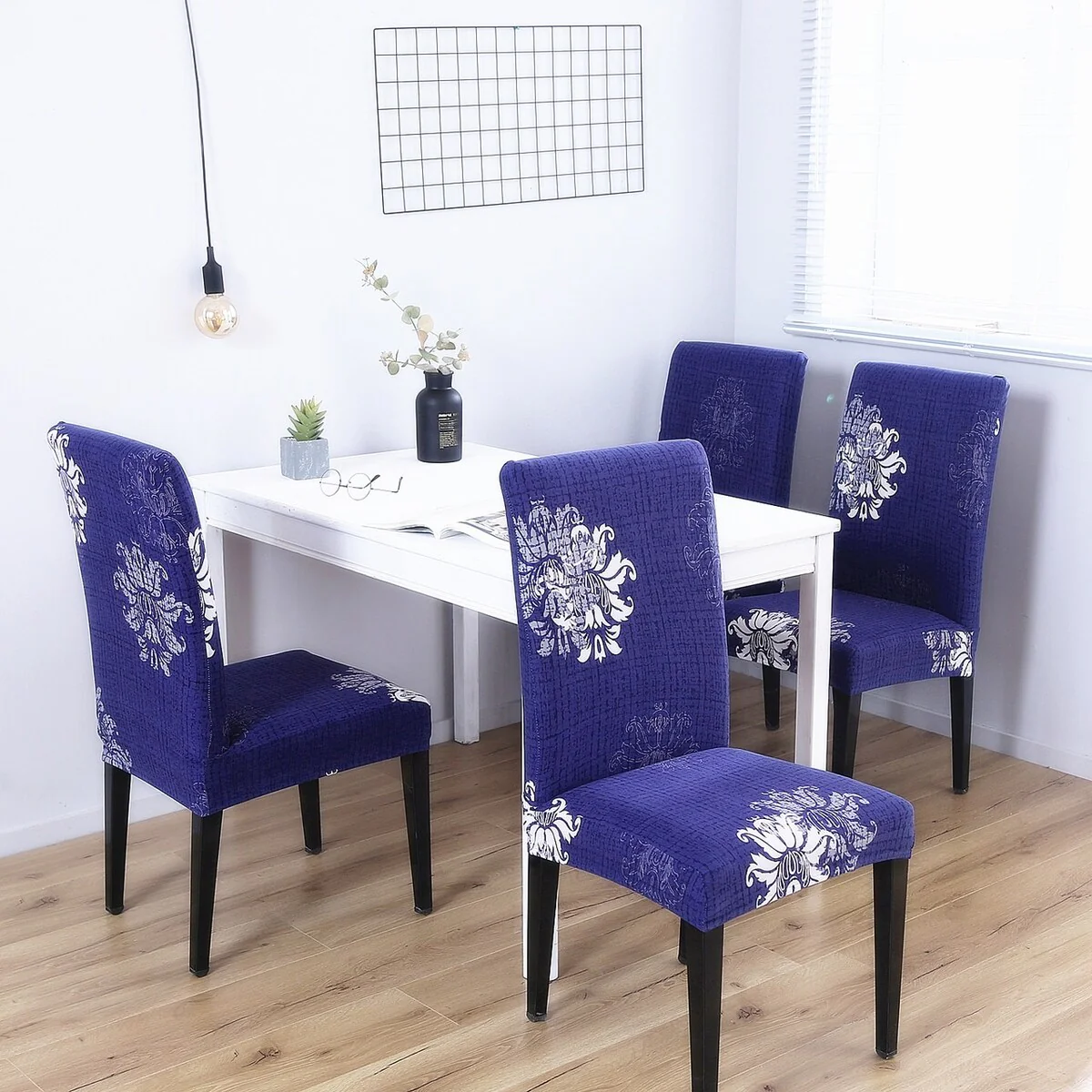 Enova Home Navy Blue Elegant Polyester and Spandex Stretch Washable Box Cushion Chair Slipcover Set of 4