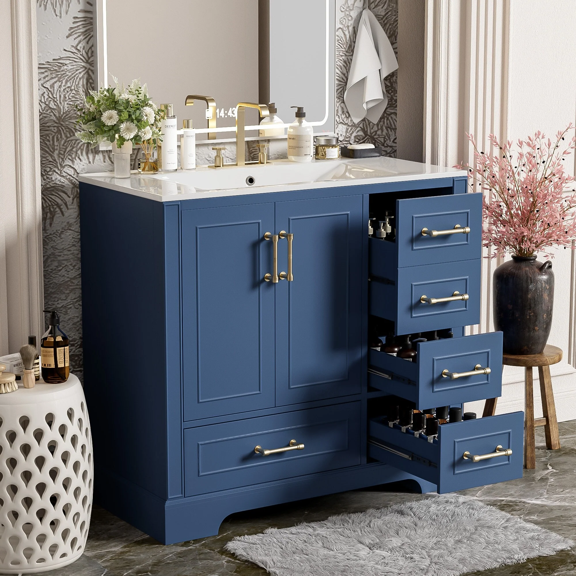 Bathroom Vanity with Resin Sink, Bathroom Vanity Set with 4 Drawers, Bathroom Storage Cabinet with 2 Soft Close Doors