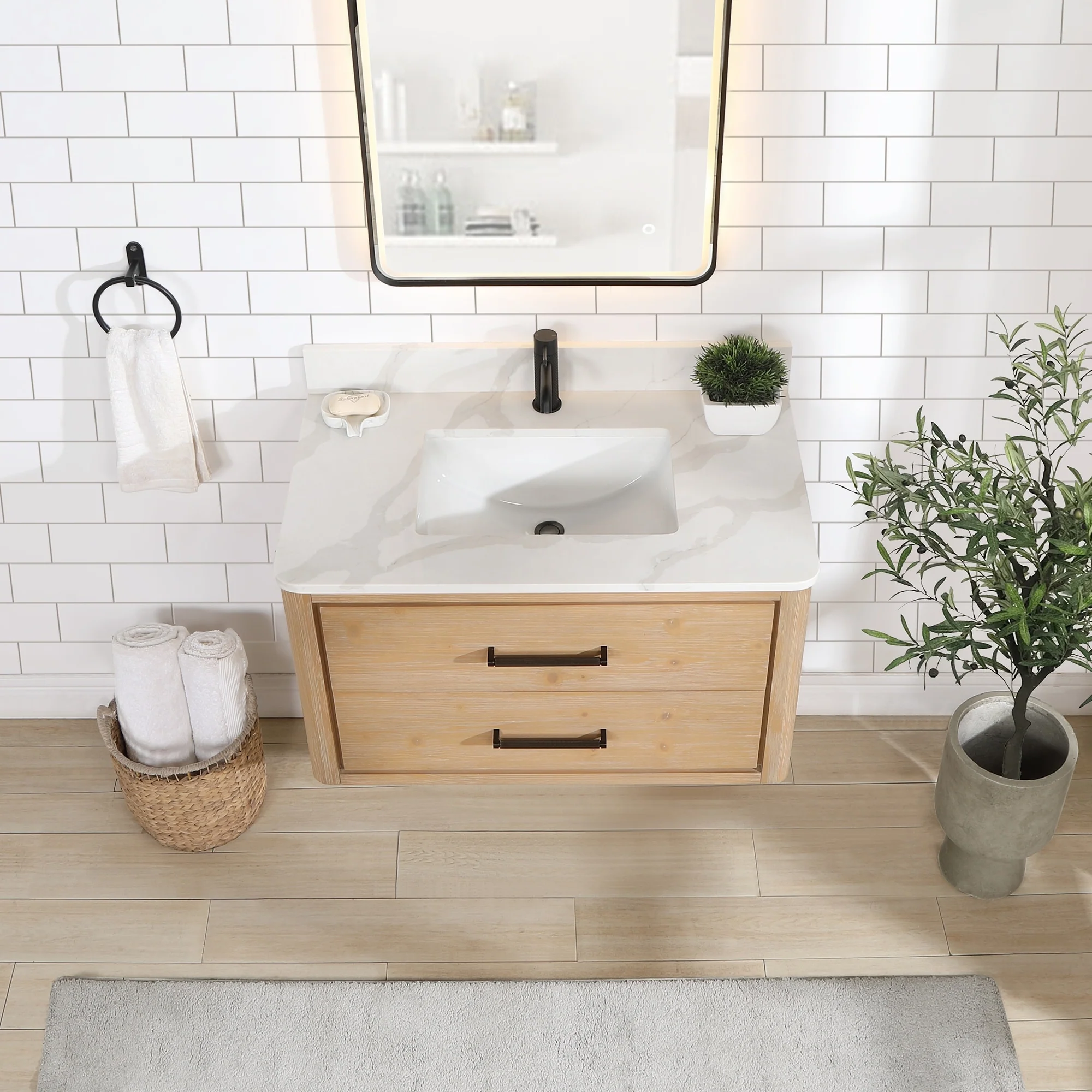 Cristo Floating Bath Vanity with White Quartz Stone Top and Mirror