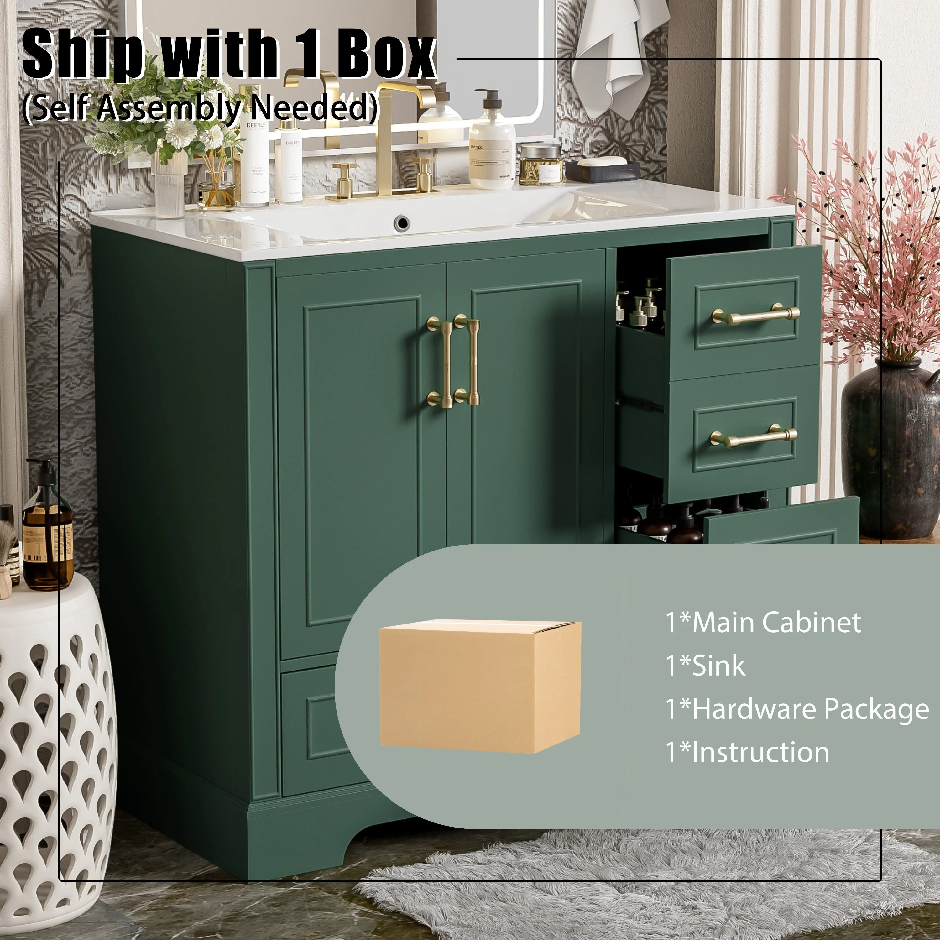 Bathroom Vanity with Resin Sink, Bathroom Vanity Set with 4 Drawers, Bathroom Storage Cabinet with 2 Soft Close Doors