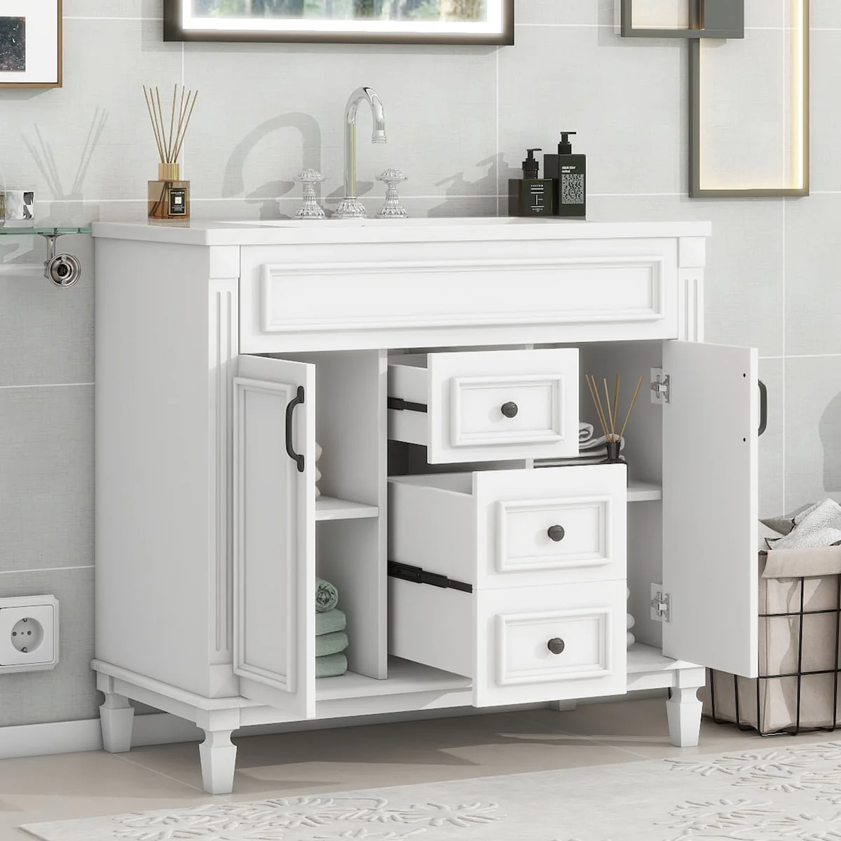 Modern Bathroom Storage Vanity with Top Sink, 2 Soft Closing Doors & 2 Drawers