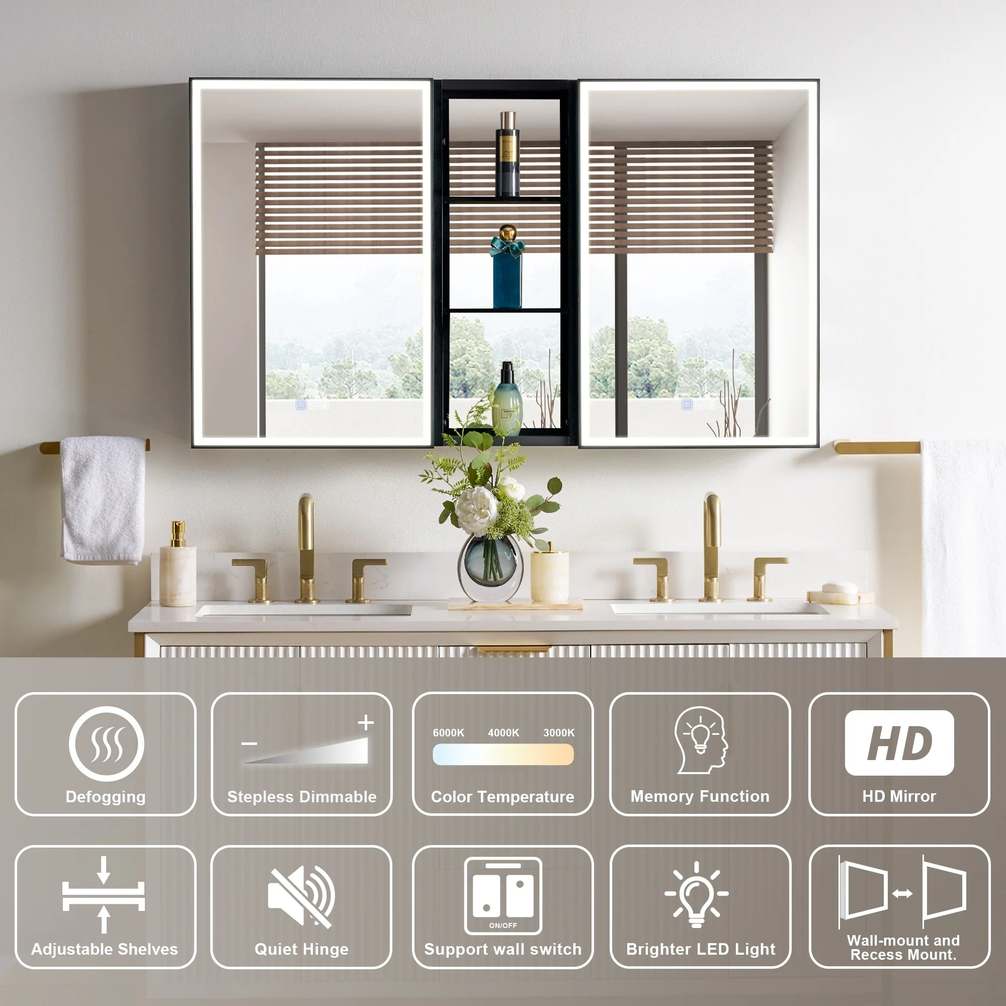 30 in. H Recessed or Surface Wall Mounted LED Mirror Cabinet With Black Side Cabinet