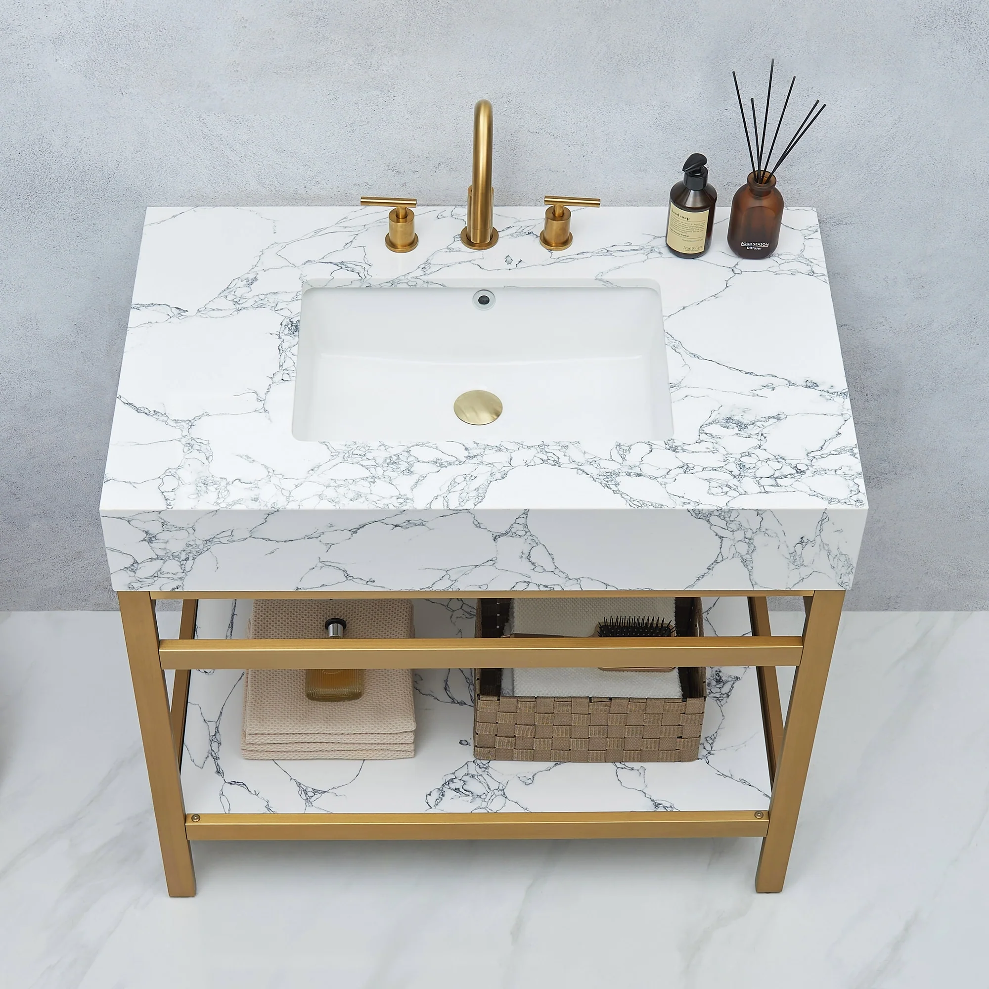 Ecija Bath Vanity, Metal Support with Composite Stone Top, no Mirror