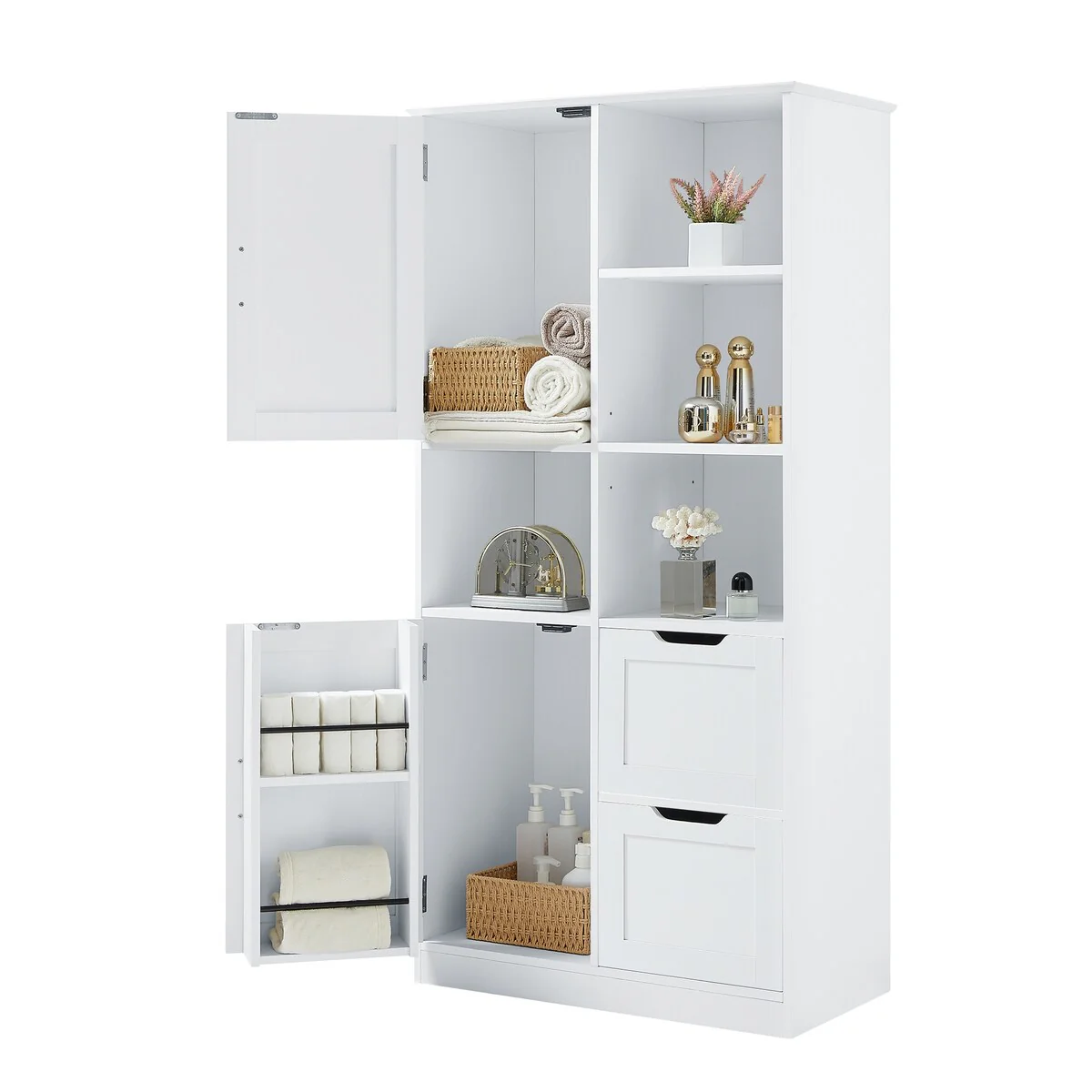Bathroom Storage Cabinet with Doors and Drawers, Open Shelve, Adjustable Shelf