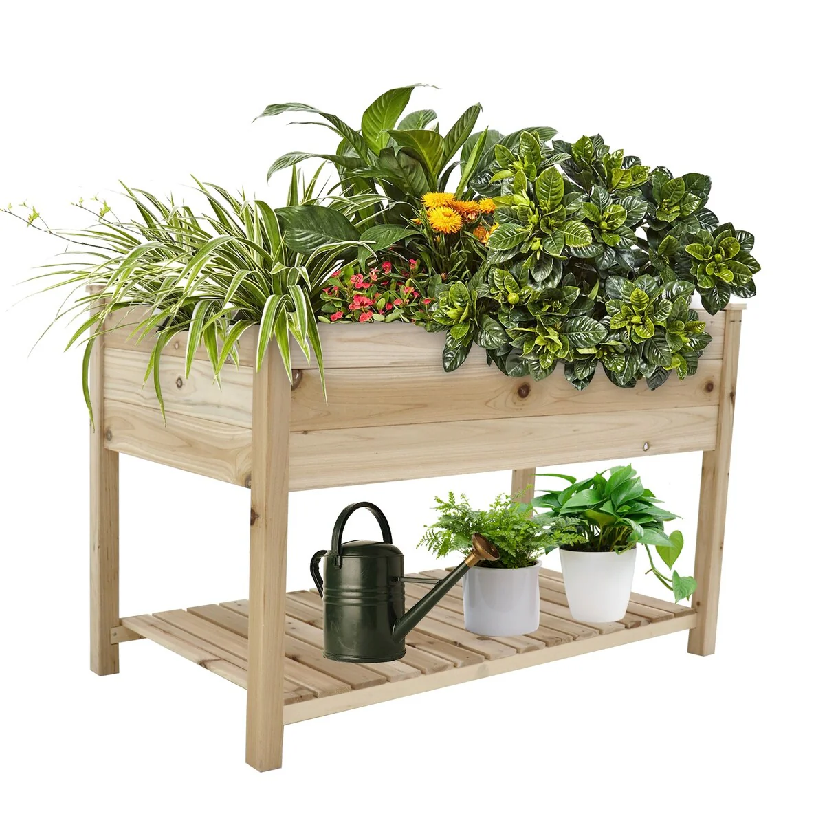 Raised Garden Bed Planter Box with Legs & Storage Shelf Wooden Elevated Vegetable Growing Bed 48.5x30x24.4in(colourless)