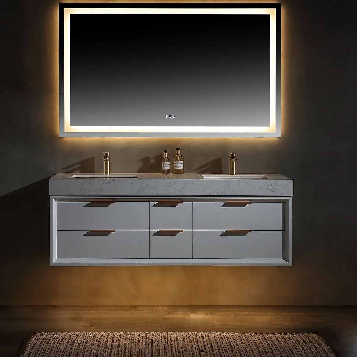 60 Inch Solid Wood Frame Wall-Mounted Bathroom Vanity Set with Double Ceramic Basin