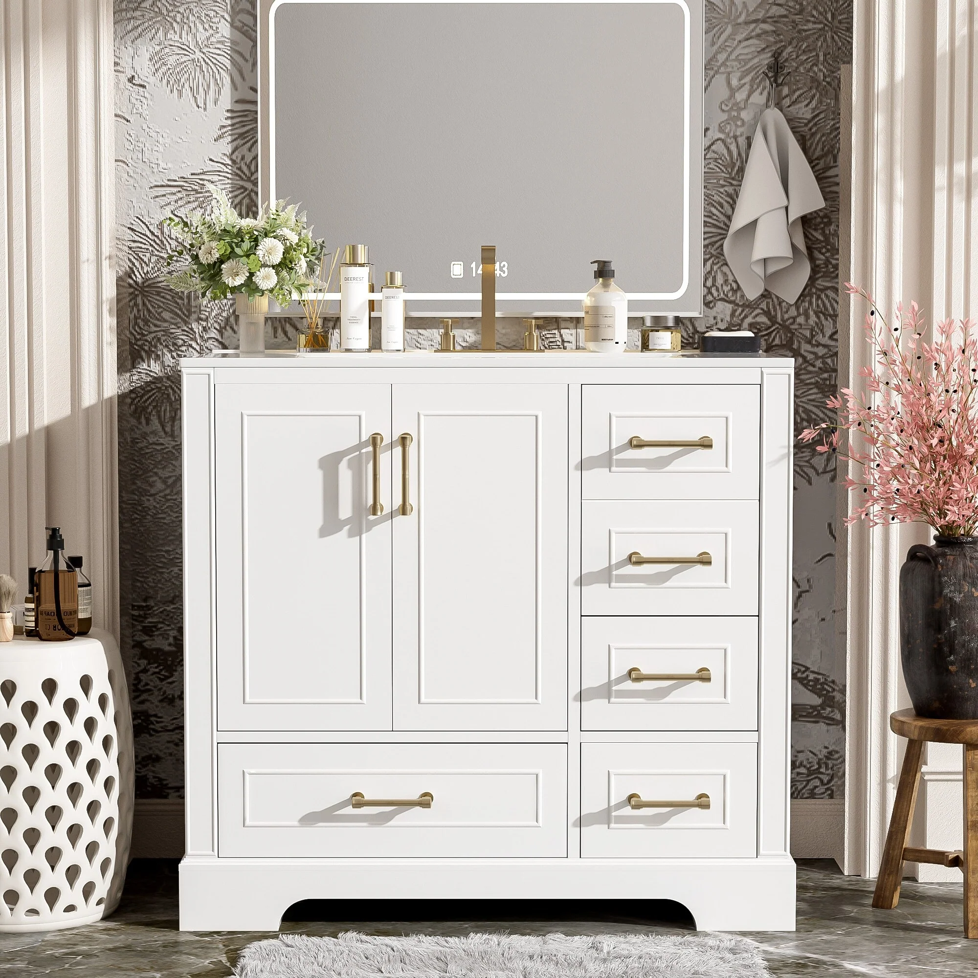 Bathroom Vanity with Resin Sink, Bathroom Vanity Set with 4 Drawers, Bathroom Storage Cabinet with 2 Soft Close Doors