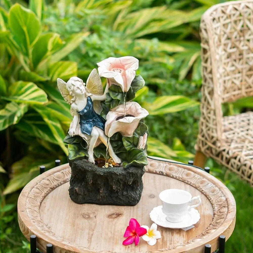 Angel Girl with Pink Flower Design 3 Tier Tabletop Water Fountain