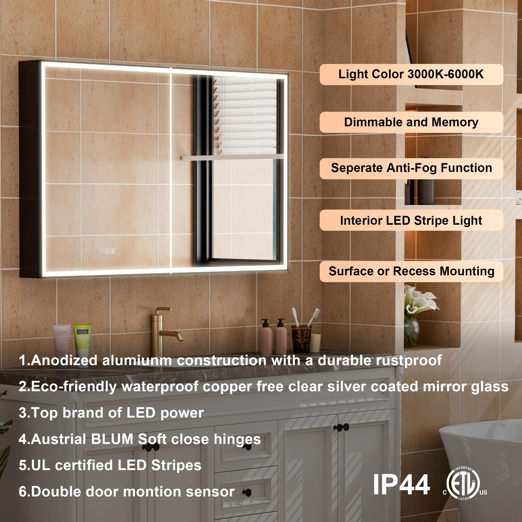 30'' H Recessed Or Surface Wall Mounted LED Mirror Cabinet With Mirror And Adjustable Shelves,Black Frame