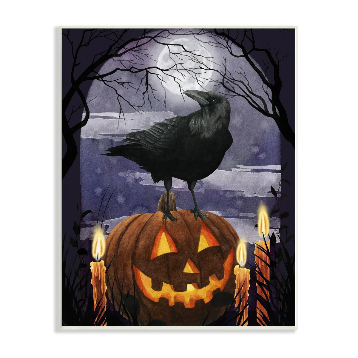 Stupell Spooky Halloween Night Sky Crow Jack-o'-lantern Full Moon Wood Wall Art - Orange