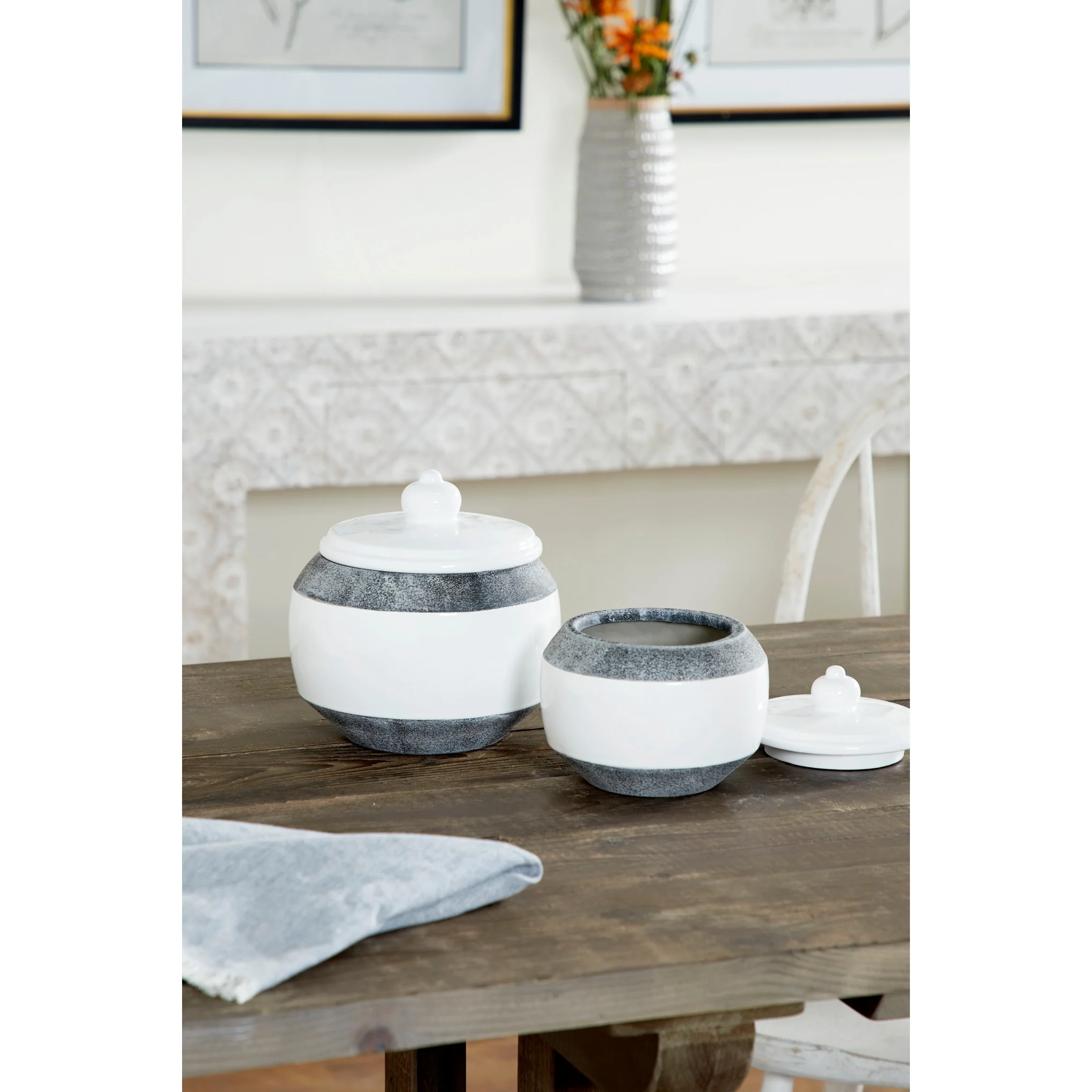 Textured Grey/ Glossy White Ceramic Jars with Lids (Set of 2) - 7 x 7 x 8