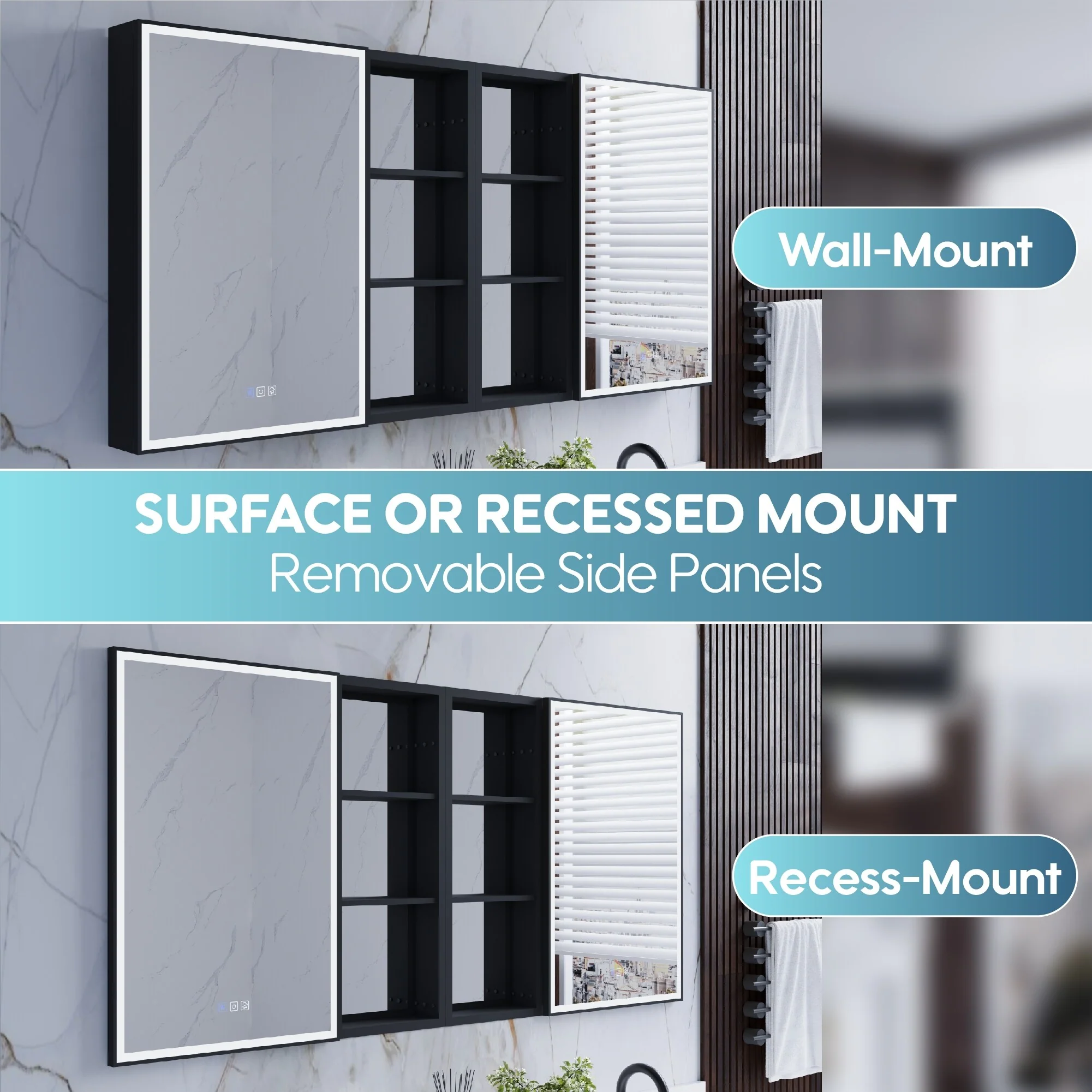 30 in. H Recessed or Surface Wall Mounted LED Mirror Cabinet With Black Side Cabinet