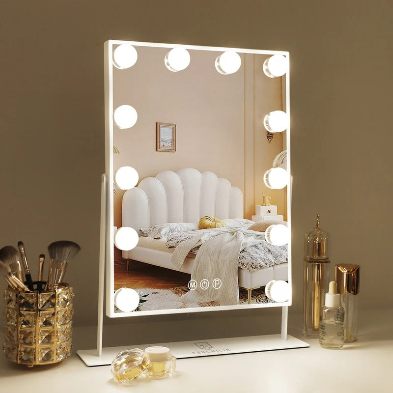 VANITII Hollywood Vanity Makeup Mirror with 12 LED Bulbs 3 Color Lights Metal Tabletop White Small Mirror