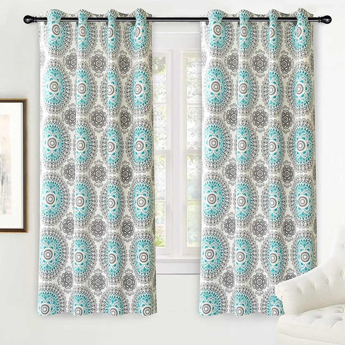 DriftAway Bella Medallion Printed Room Darkening Grommet Window Curtain Panel Pair