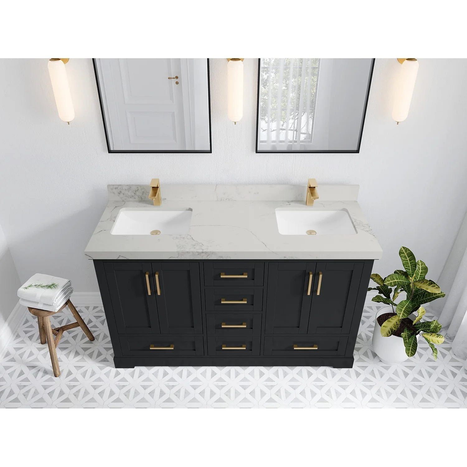 Willow Collection 60 in W x 22 in D x 36 in H Boston Double Bowl Sink Bathroom Vanity with Countertop