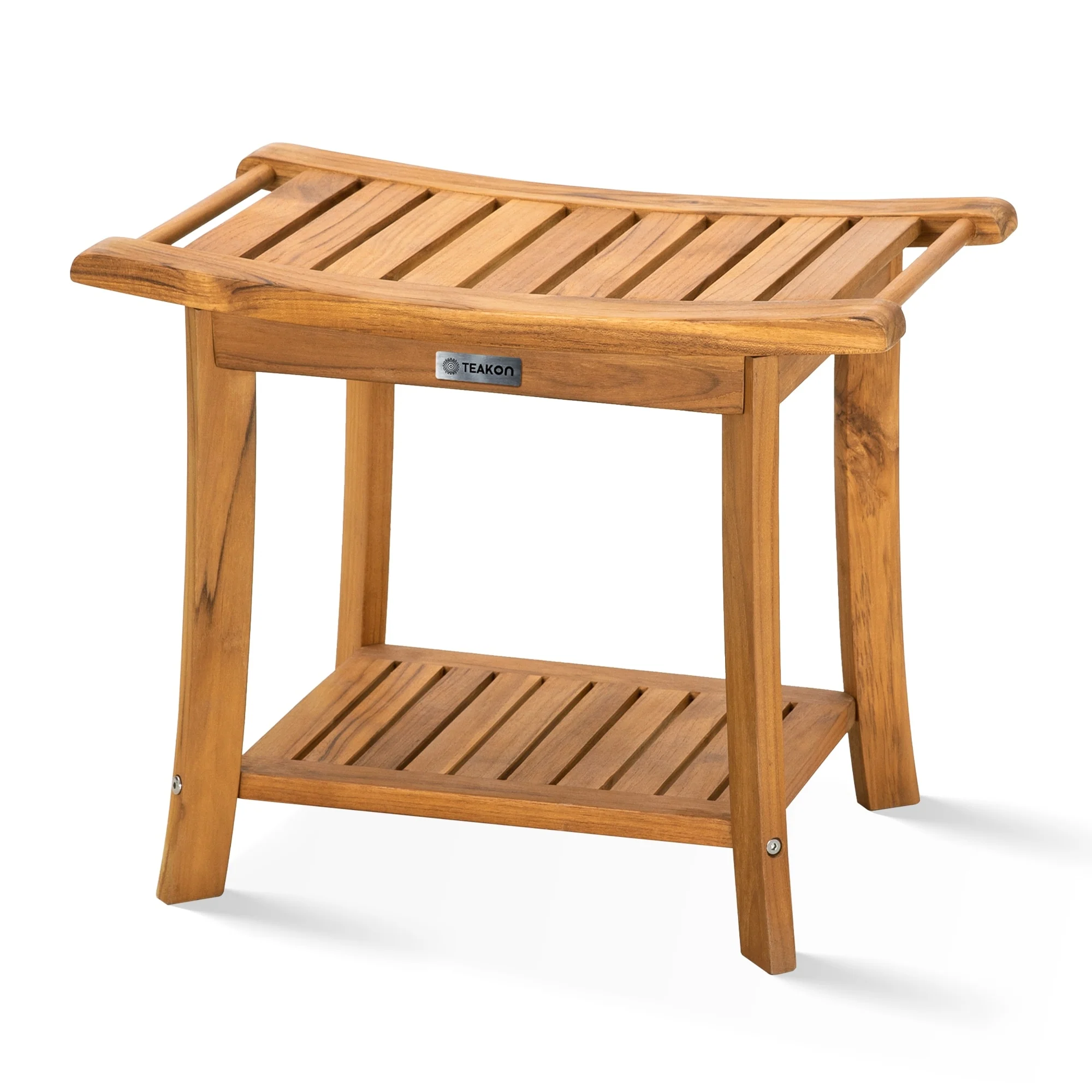 Bathroom Stool with Storage Shelf, Teak Shower Bench Waterproof Wood Bench, Shower Seat